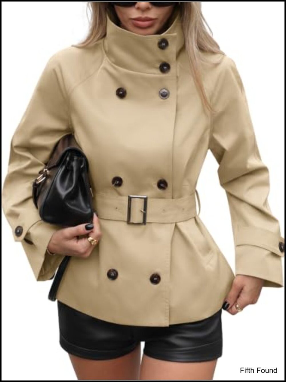 Cropped Trench Coat Funnel Neck Belted Fall Jacket Polyester